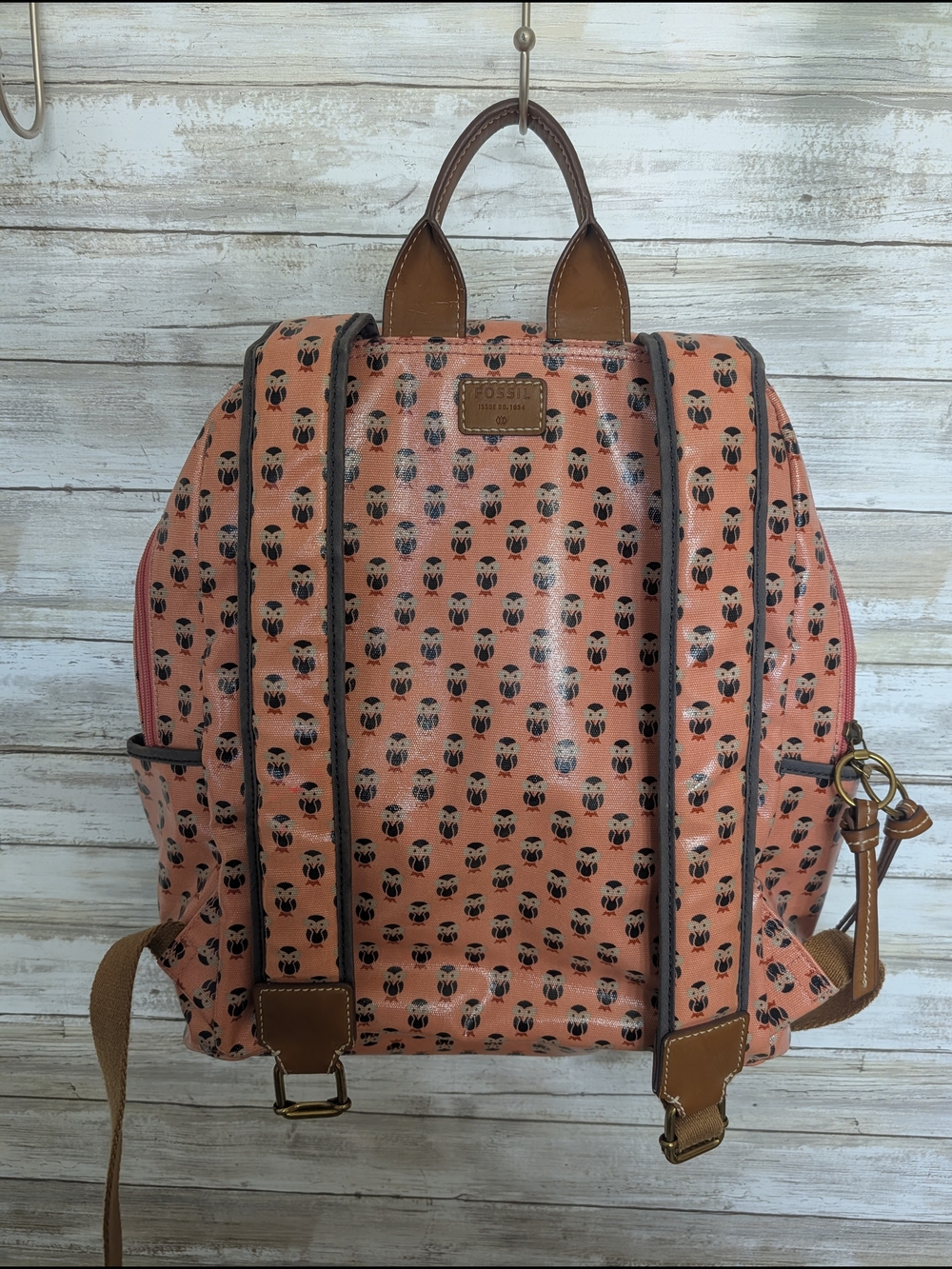 Fossil Pink Patterned Backpack with Brown Trim - Picture 2 of 4